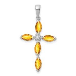 925 Sterling Silver Citrine Diamond Cross Necklace Pendant 31 x 17 mm